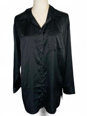 Stars Above Size Medium M Button Down Sleep Shirt Night Gown Black Long Sleeve